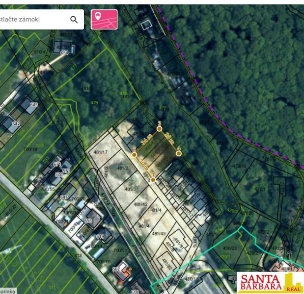 Na predaj exkluzívny stavebný pozemok v Borinke – na skok od Stupavy,  - Mapa pozemkov v Borinke pre bývanie, vrátane rozmerov a popisu parcely.