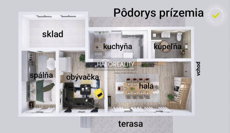 Predaj, rodinný dom Banská Štiavnica - EXKLUZÍVNE HA... - Pôdorys prízemia rodinného domu: spálňa, obývačka, kuchyňa, kúpeľňa, sklad, hala, terasa.