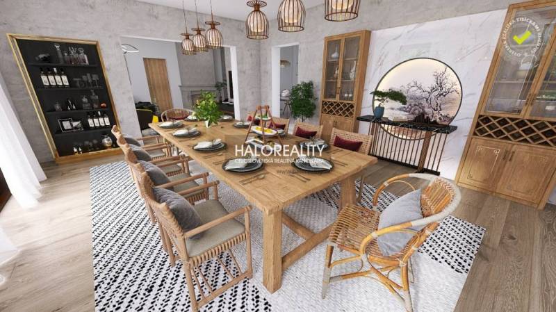 Predaj, rodinný dom Banská Štiavnica - EXKLUZÍVNE HA... - Jedáleň v rodinnom dome s dreveným stolom, ratanovými stoličkami a elegantným dekorom.