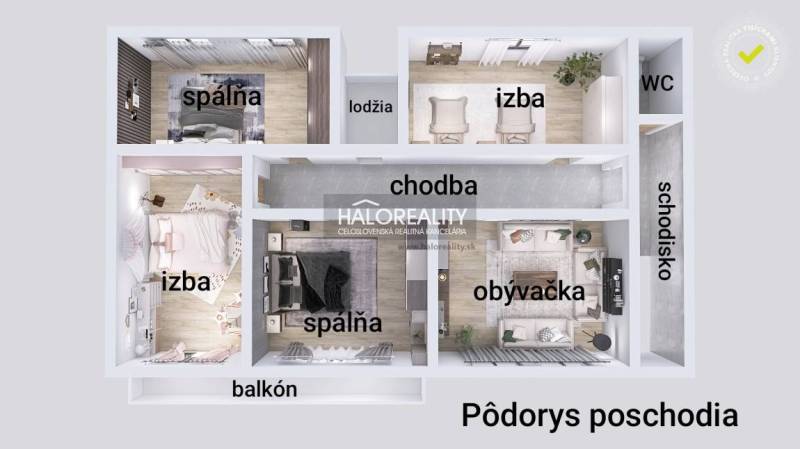 Predaj, rodinný dom Banská Štiavnica - EXKLUZÍVNE HA... - Pôdorys poschodia rodinného domu s balkónom a lodžiou, zobrazujúci izby a chodbu.