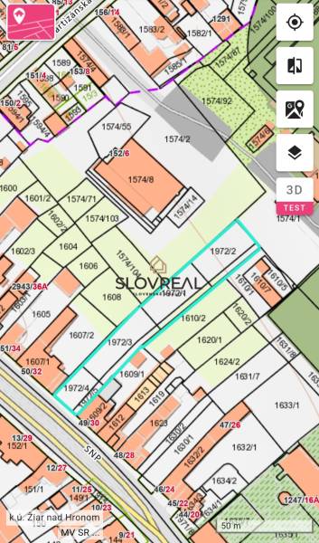 SLOVREAL predaj pozemku Žiar nad Hronom - Katastrálna mapa pozemkov určených na bývanie v Žiari nad Hronom so zakreslenými parcelami.