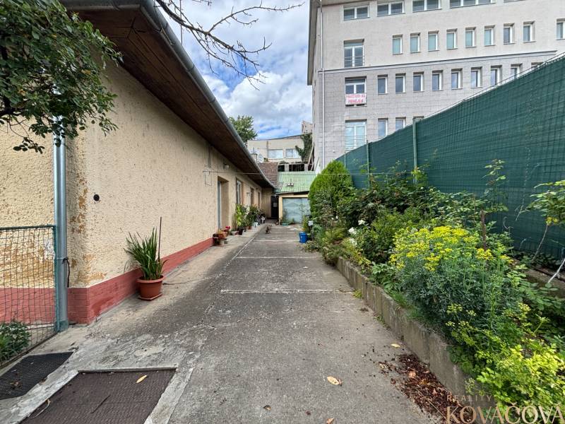 Na predaj starší rodinný dom v centre Ilavy – pozemok 280 m² - Exteriér rodinného domu v Ilave s uličkou a výhľadom na vyššiu budovu.