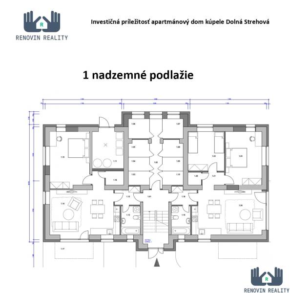 Objavte investičný potenciál bytového domu  v Dolnej Strehovej  - Pôdorys prvého nadzemného podlažia apartmánového domu pre Hotely a penzióny.