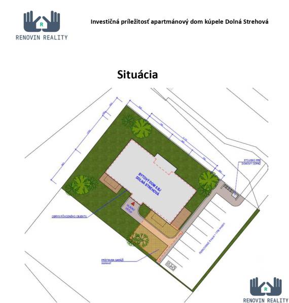  Objavte investičný potenciál bytového domu  v Dolnej Strehovej  - Pôdorys apartmánového domu, označujúci parkovacie miesta a zeleň, v Dolnej Strehovej.