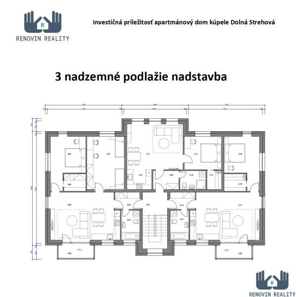  Objavte investičný potenciál bytového domu  v Dolnej Strehovej  - Pôdorys tretieho poschodia apartmánového domu s miestnosťami v Hoteloch a penziónoch.