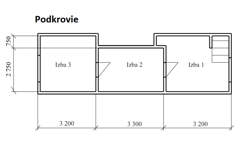 Na predaj chata pri jazere v Sklených Tepliciach - Pôdorys podkrovia s tromi izbami: Izba 1, Izba 2, Izba 3.