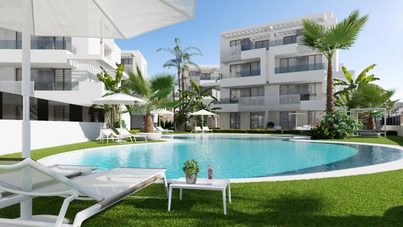 SANTA ROSALIA - Luxusné apartmány s 2 -3 spálňami s výhľadom na jazero - Bazén obklopený ležadlami a palmami pri 3-izbovom byte na ulici Santa Rosalia Lake.