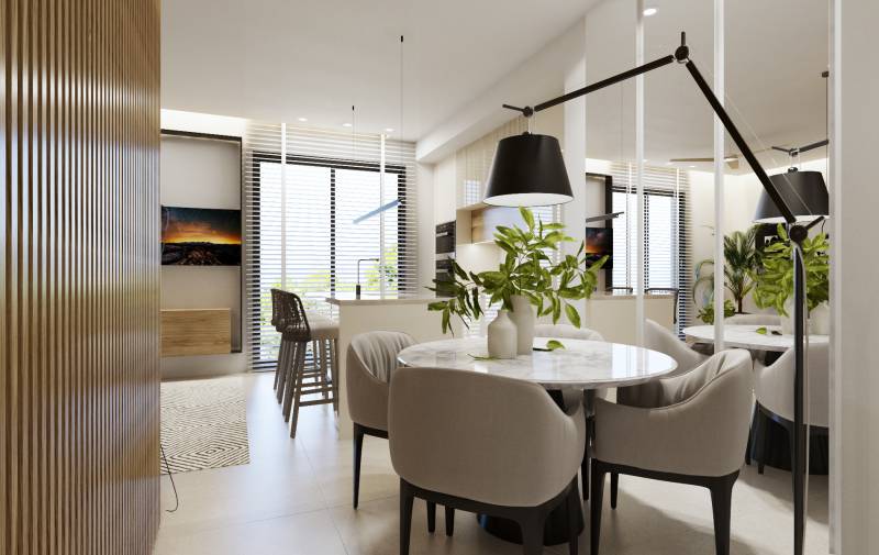 SANTA ROSALIA - Luxusné apartmány s 2 -3 spálňami s výhľadom na jazero - Jedálenský stôl s rastlinami a osvetlením v 3-izbovom byte, moderný interiér.