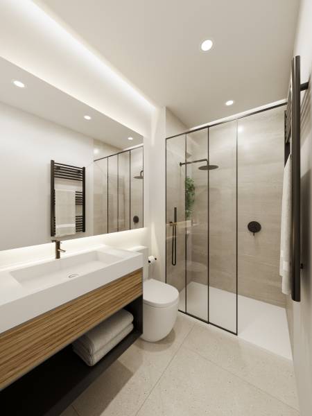 SANTA ROSALIA - Luxusné apartmány s 2 -3 spálňami s výhľadom na jazero - Štýlová kúpeľňa v 3-izbovom byte so sprchovým kútom a umývadlom.