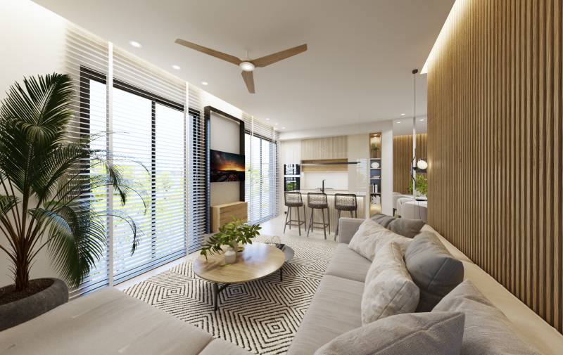 SANTA ROSALIA - Luxusné apartmány s 2 -3 spálňami s výhľadom na jazero - Interiér 3-izbového bytu s otvorenou obývačkou, kuchyňou a moderným nábytkom.
