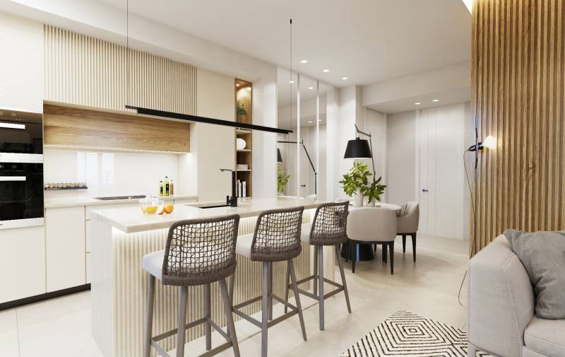 SANTA ROSALIA - Luxusné apartmány s 2 -3 spálňami s výhľadom na jazero - Kuchyňa s jedálenským stolom a barovým pultom v 3-izbovom byte.