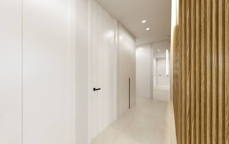 SANTA ROSALIA - Luxusné apartmány s 2 -3 spálňami s výhľadom na jazero - Minimalistická chodba v 3-izbovom byte s bielymi stenami a dreveným obložením.