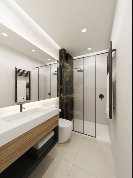 SANTA ROSALIA - Luxusné apartmány s 2 -3 spálňami s výhľadom na jazero - Kúpeľňa v 3-izbovom byte so sprchovacím kútom, zrkadlom a dreveným umývadlom.