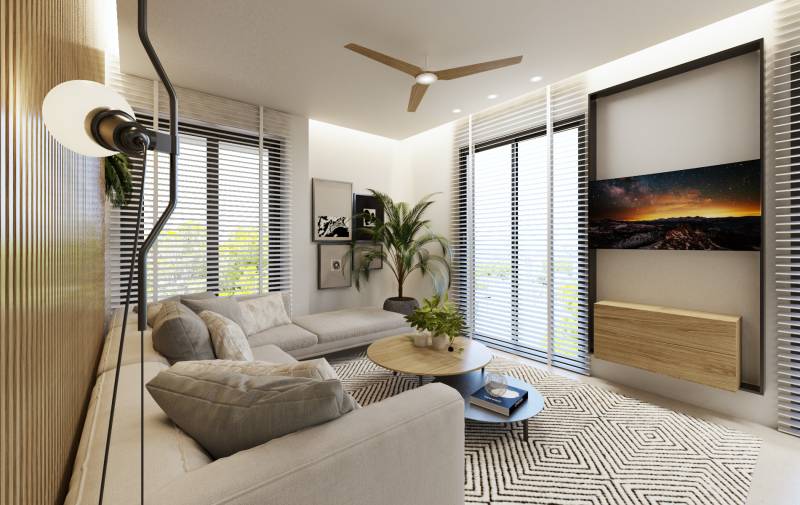 SANTA ROSALIA - Luxusné apartmány s 2 -3 spálňami s výhľadom na jazero - Obývacia izba s pohovkou, stolíkom a rastlinou v 3-izbovom byte.
