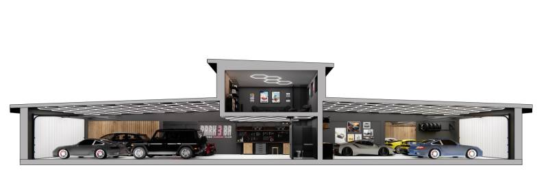 Exkluzívne garáže v projekte PARK3BA, Triblavina, Bratislava - Štýlová garáž s luxusnými autami a galériou, súčasť obchodných priestorov.