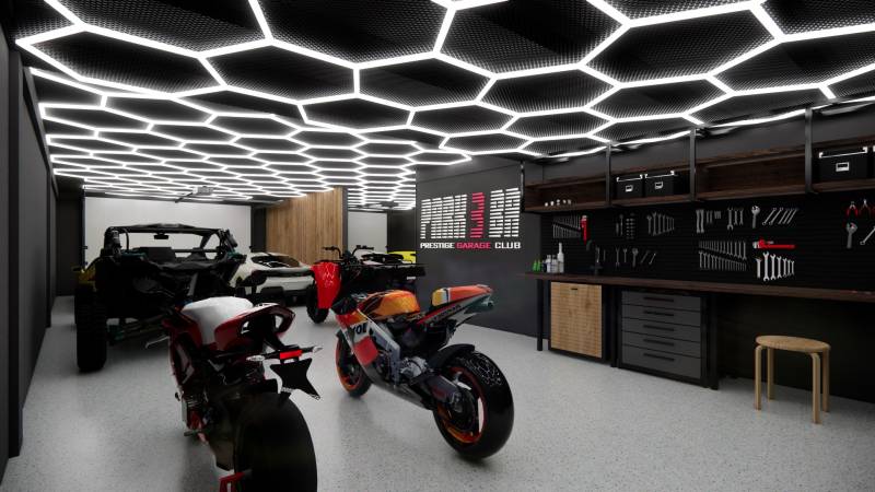Exkluzívne garáže v projekte PARK3BA, Triblavina, Bratislava - Motocykle a náradie v luxusných obchodných priestoroch s moderným osvetlením.
