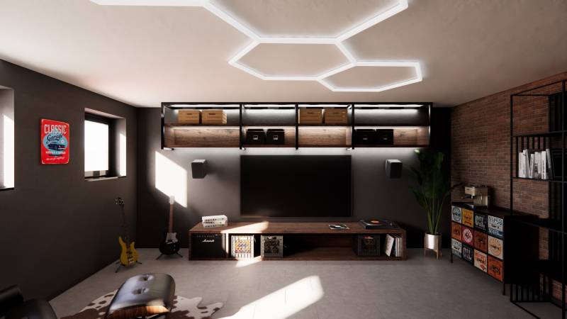 Exkluzívne garáže v projekte PARK3BA, Triblavina, Bratislava - Obchodné priestory s hudobnými nástrojmi, TV a moderným osvetlením.