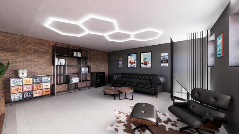 Exkluzívne garáže v projekte PARK3BA, Triblavina, Bratislava - Obchodné priestory s pohodlnými sedačkami, tehlovou stenou a moderným nábytkom.