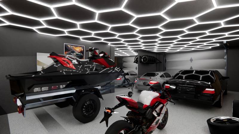 Exkluzívne garáže v projekte PARK3BA, Triblavina, Bratislava - Obchodné priestory s vozidlami, motorkou a vodným skútrom pod šesťuholníkovým osvetlením.