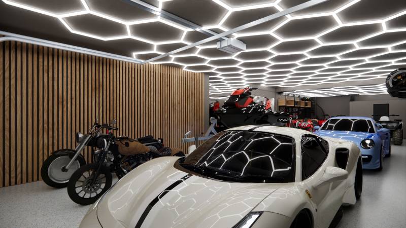 Exkluzívne garáže v projekte PARK3BA, Triblavina, Bratislava - Motorky a športové vozidlá v obchodných priestoroch s moderným osvetlením.