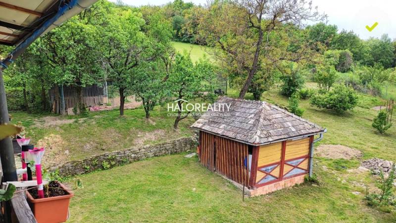 REZERVOVANÉ - Predaj, rodinný dom České Brezovo - EX... - Záhrada pri rodinnom dome v Českých Brezovách s drevenou stavbou a stromami.