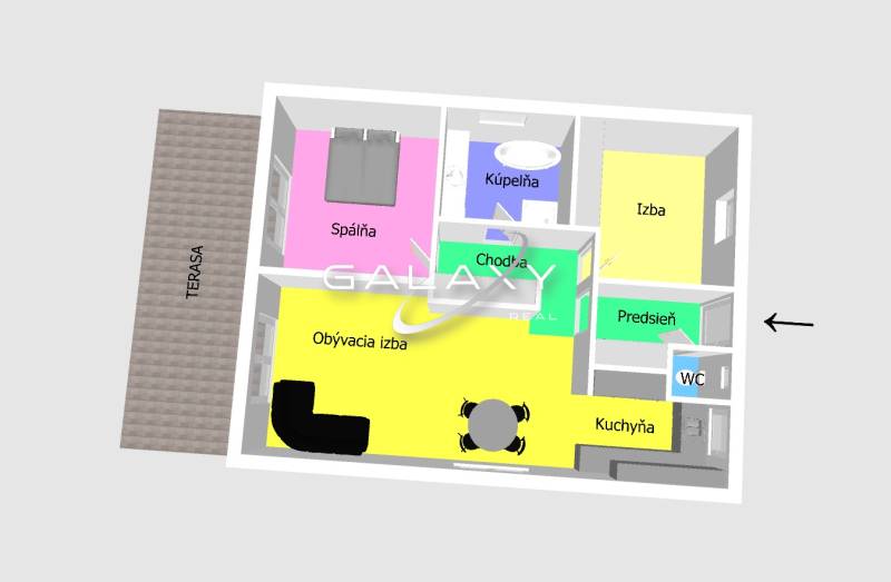 LUKRATÍVNY Moderný 3-izbový dom s bazénom – Čierna Voda, okres Galanta - Pôdorys rodinného domu ukazuje izby, kuchyňu, obývačku, kúpeľňu a terasu.