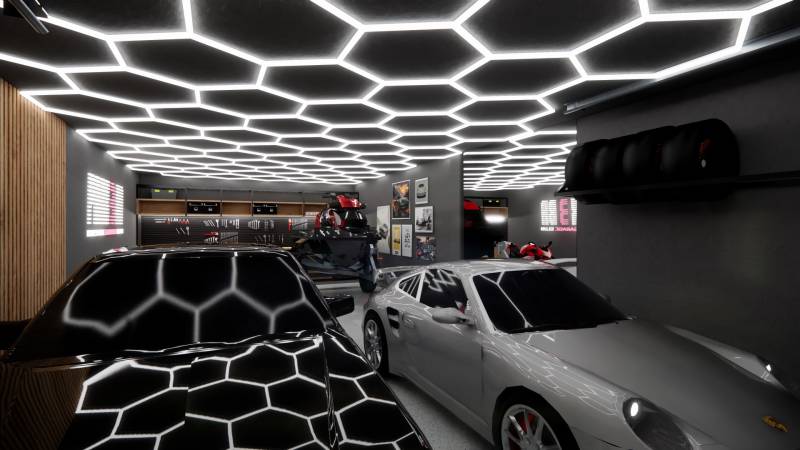 Exkluzívna garáž (typu A) v projekte PARK3BA, Triblavina, Bratislava - Garáže s autami, motorkou a náradím s efektným osvetlením.