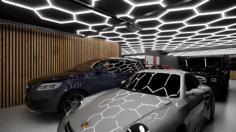 Exkluzívna garáž ( typu B) v projekte PARK3BA, Triblavina, Bratislava - Auto podsvietené stropnými šesťuholníkmi, drevená stena, Garáže.