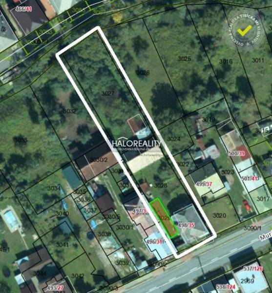 Predaj, rodinný dom Tisovec, Muránska - EXKLUZÍVNE H... - Katastrálna mapa rodinných domov v Tisovci. Zobrazené sú parcely a čísla pozemkov.