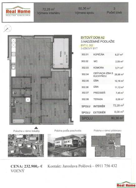 ! KOLAUDÁCIA - NOVOSTAVBY - POSLEDNÉ VOĽNÉ BYTY !  - Pôdorys 3-izbového bytu v podlaží s rozlohou 72,28 m², terasa 8,08 m².
