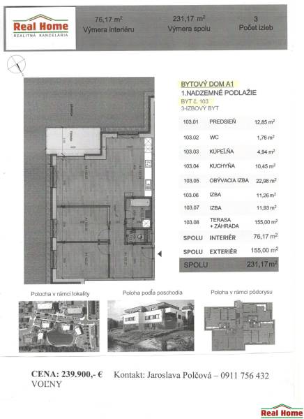 ! KOLAUDÁCIA - NOVOSTAVBY - POSLEDNÉ VOĽNÉ BYTY !  - Pôdorys 3-izbového bytu s terasou a záhradou, Vtáčia, Senec. Výmera interiéru 76,17 m².