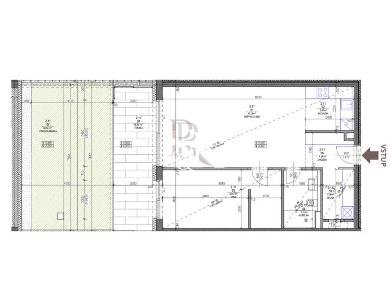 2 i  apartmán s predzáhradkou, šatníkmi, kobkou, Banka - Piešťany - Pôdorys rekreačného apartmánu s terasou a obývaciou miestnosťou.