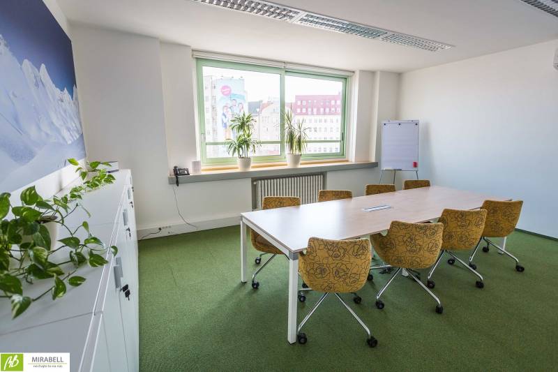 Klimatizované kancelárie v centre mesta na SNP ulici  - Kancelárie so stolom a stoličkami, zeleňou a oknom s výhľadom na mesto.