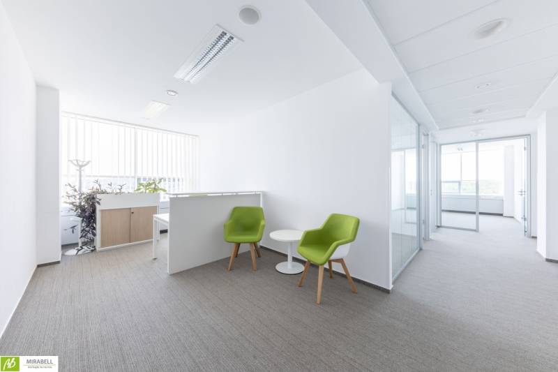 Moderné kancelárske priestory vo Westend Tower - Svetlá Kancelária s pohodlnými stoličkami a konferenčným stolom, zdobená rastlinami.