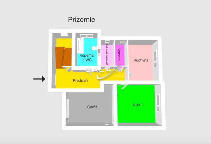 Rodinný dom s veľkým pozemkom na predaj – Vidiná, okres Lučenec - Pôdorys prízemia rodinného domu s garážou, kuchyňou a kúpeľňou.