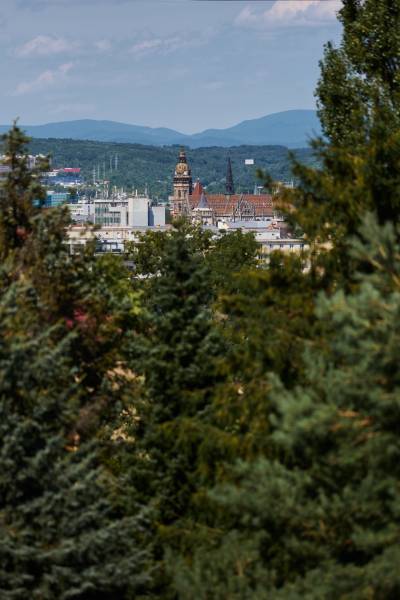 NOVOREKONŠTRUOVANÝ 2 - IZBOVÝ BYT , UL. LOMONOSOVOVA, TERASA - Panoráma Košíc s pohľadom na historické budovy obklopené zeleňou a horami v pozadí.