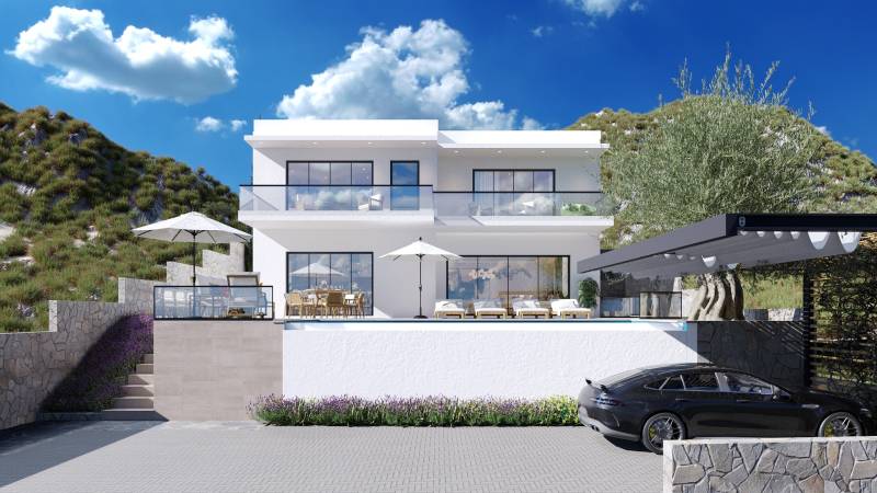 CHORVÁTSKO - Vila s nádherným výhľadom na more - OMIŠ, DUČE - Vila v Dući s terasou, výhľadom na hory a zaparkovaným autom.