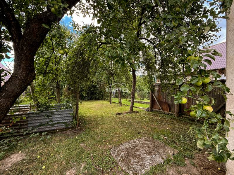 Exkluzívne na predaj drevenica s pozemkom 406 m2, Papradno - Ovocné stromy v záhrade pri chate v Papradne s úrodou jabĺk a dreveným plotom.