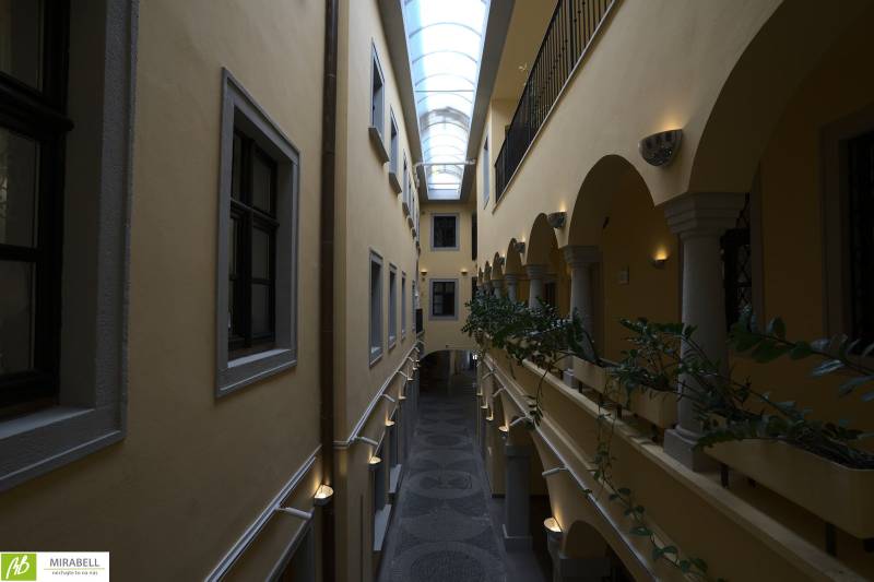 Klimatizované kancelárie v centre mesta na Michalskej ulici  - Chodba v kanceláriách s presklenou strechou a rastlinami.