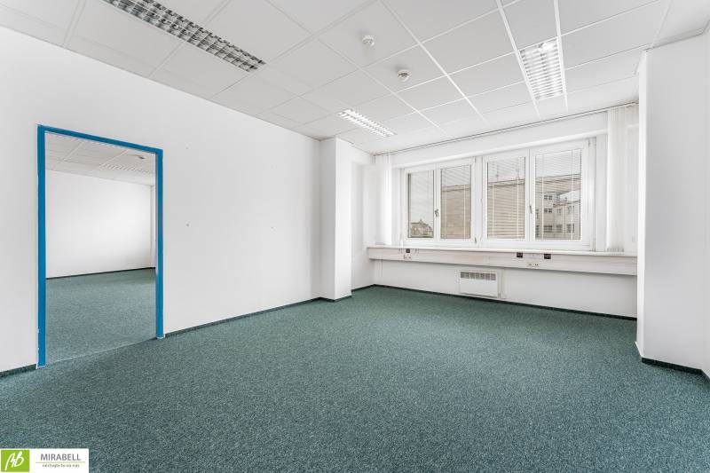 Klimatizované kancelárie v centre mesta na Štúrovej ulici  - Kancelárie s veľkými oknami a prázdnym priestorom, bielymi stenami a zeleným kobercom.