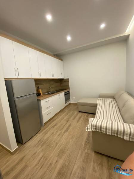 Sarandë - novozariadený apartmán s výhľadom na more - Rekreačný apartmán s kuchynskou linkou, chladničkou a pohodlnou pohovkou na drevenej podlahe.