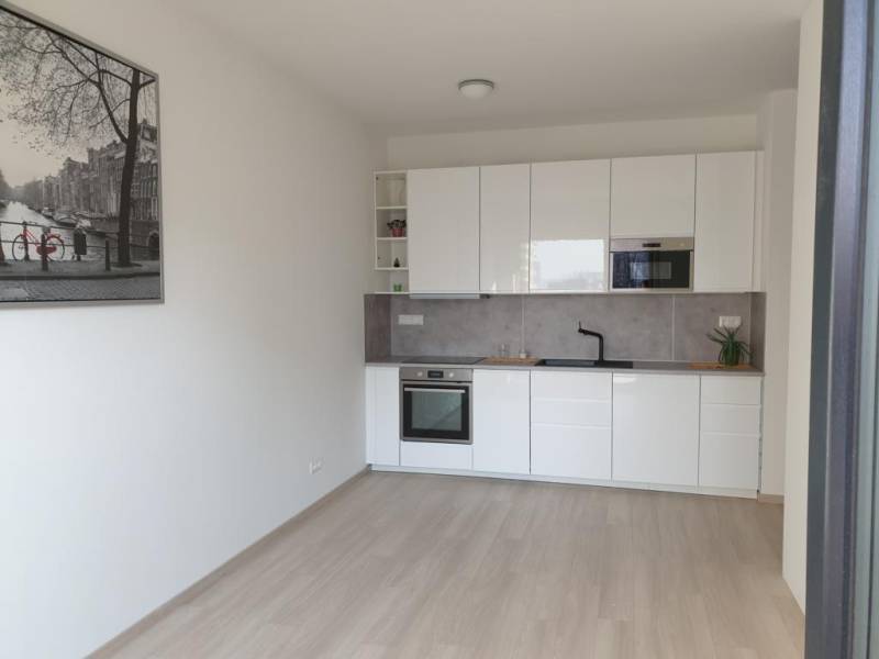 Nový moderný byt s balkónom a parkovaním v širšom centre. Jarabinková - Svetlá kuchyňa s bielou linkou v 2-izbovom byte s obrazom na stene.