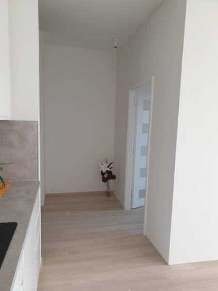 Nový moderný byt s balkónom a parkovaním v širšom centre. Jarabinková - Svetlá chodba s kvetinovou výzdobou v 2-izbovom byte.