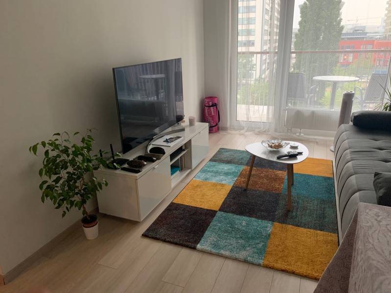Nový moderný byt s balkónom a parkovaním v širšom centre. Jarabinková - Obývacia izba 2-izbového bytu s TV, kobercom a balkónom.