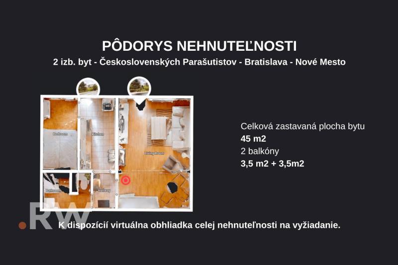 REWIN I VÝNIMOČNÝ 2-IZBOVÝ BYT NA PRENÁJOM! - Pôdorys 2-izbového bytu na Československých parašutistov, Bratislava - Nové Mesto, 45 m², 2 balkóny.