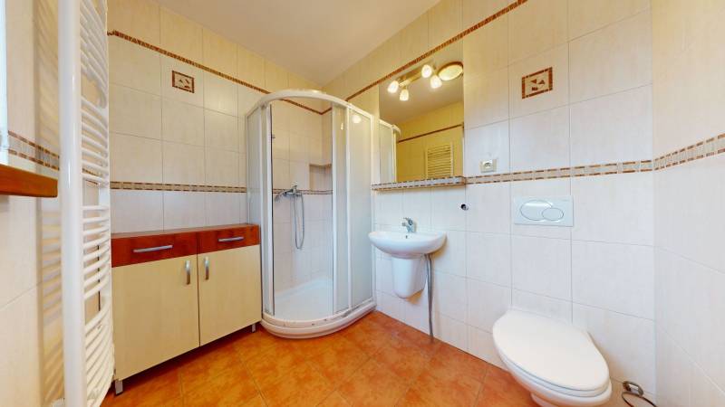 Veľmi pekný rodinný dom v obci Zálesie - Kúpeľňa v rodinnom dome s moderným sprchovacím kútom na ulici Zálesie.