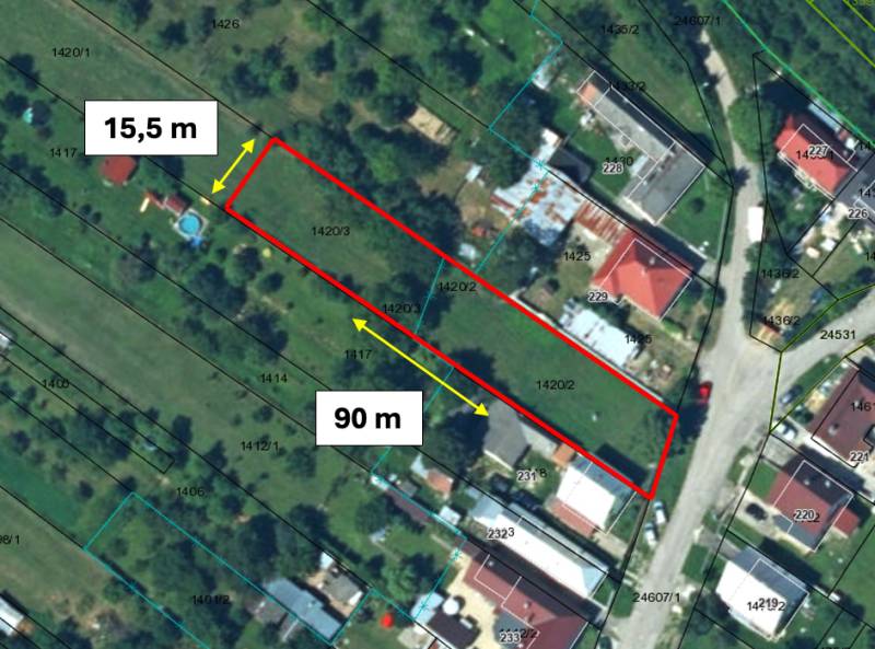 Moravské Lieskové - STAVEBNÝ POZEMOK s investičným potenciálom - Letecký pohľad na pozemok pre výstavbu domov v Moravskom Lieskovom, rozmery 15,5 x 90 metrov.
