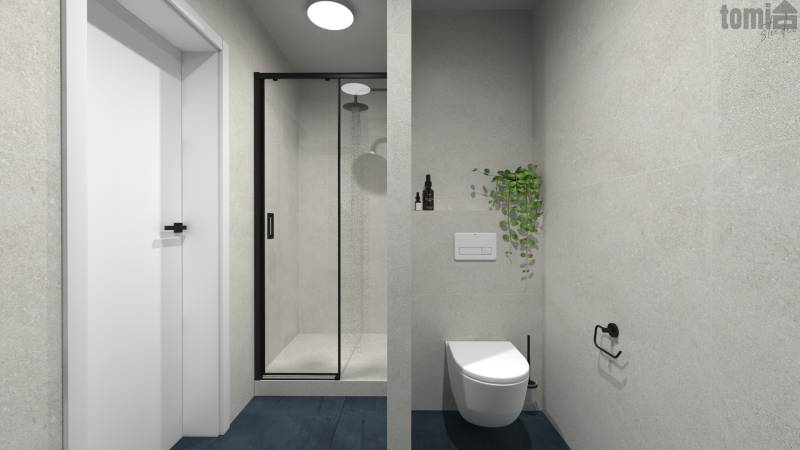 2-izbový byt (41 m2), kompletná rekonštrukcia, lódžia (5,5 m2), DCA - Kúpeľňa v 2-izbovom byte so sprchovým kútom, toaletou a rastlinou na stene.