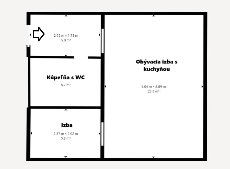 2-izbový byt (41 m2), kompletná rekonštrukcia, lódžia (5,5 m2), DCA - Pôdorys 2-izbového bytu s kúpeľňou a priestrannou obývacou izbou s kuchyňou.
