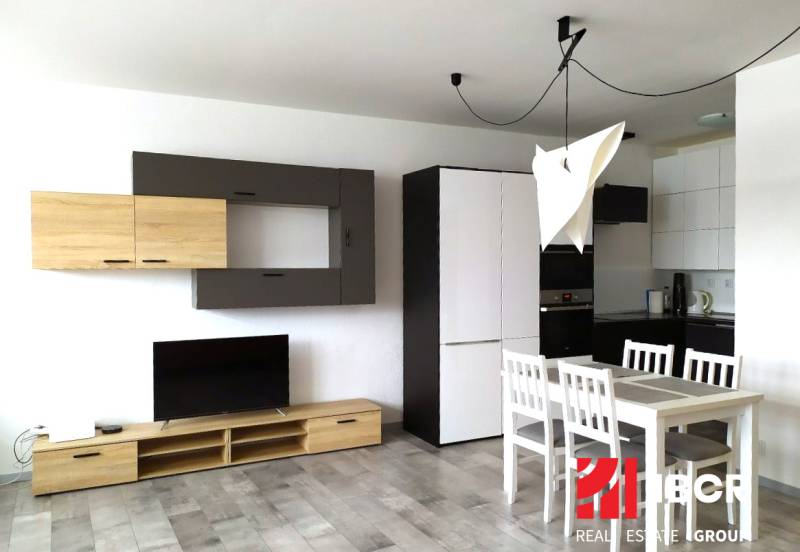 VELKOMETRÁŽNY 1 IZB.AP.BYT- TRNAVSKÁ CESTA, NOVÉ MESTO,BRATISLAVA - Obývacia časť 1-izbového bytu s televízorom, kuchyňou a jedálenským kútom.